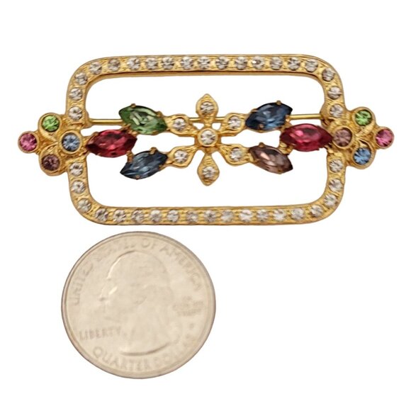 Czech Gold Tone Vintage Rhinestone Flower Square Rectangle Open Brooch Pin E774 - Picture 6 of 9
